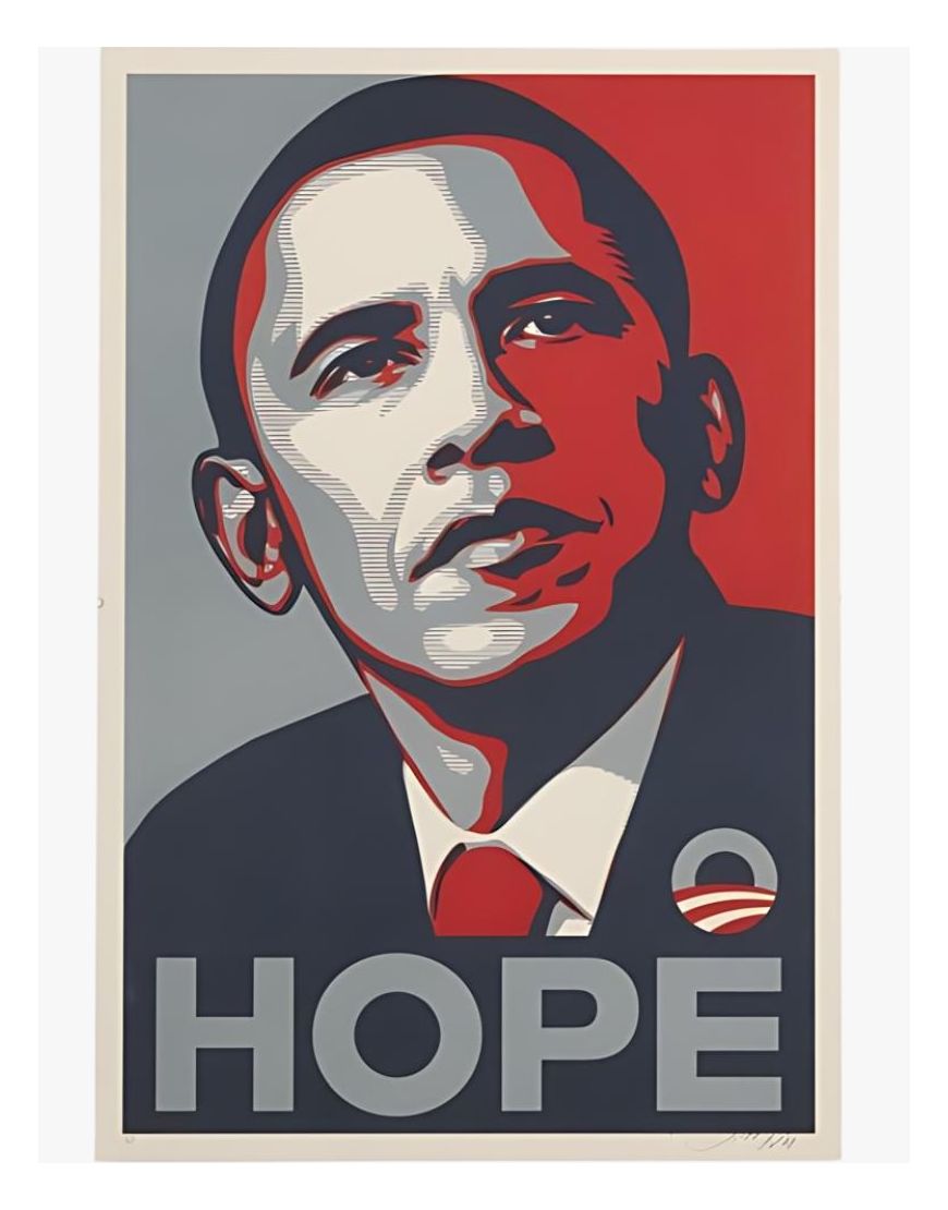 Hope, manifesto di Shepard Fairey con il ritratto di Barack Obama in quadricromia rosso-bianco-blu, 2008