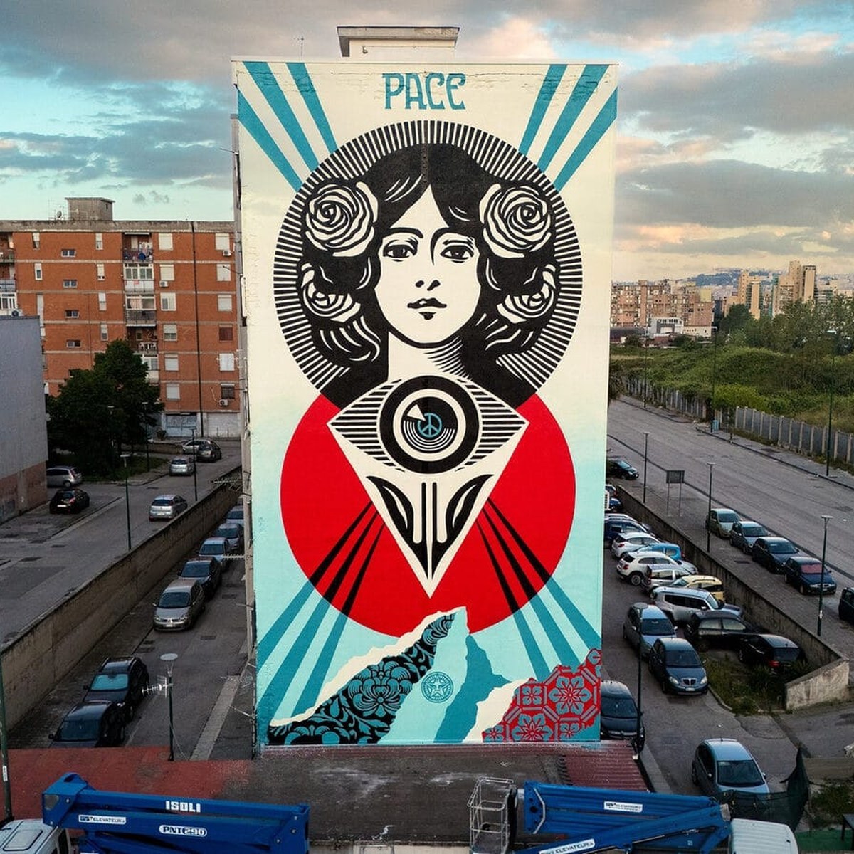 Shepard Fairey's mural in Ponticelli, Naples, seen from above