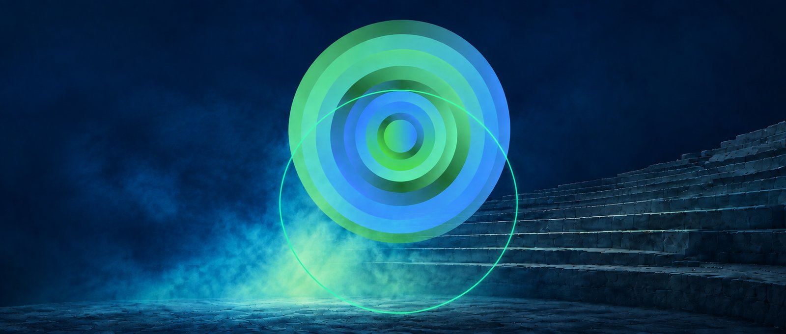 BOP 2027 Past Forward poster: green and blue concentric circles over the Amphitheatre of the Pompeii excavations