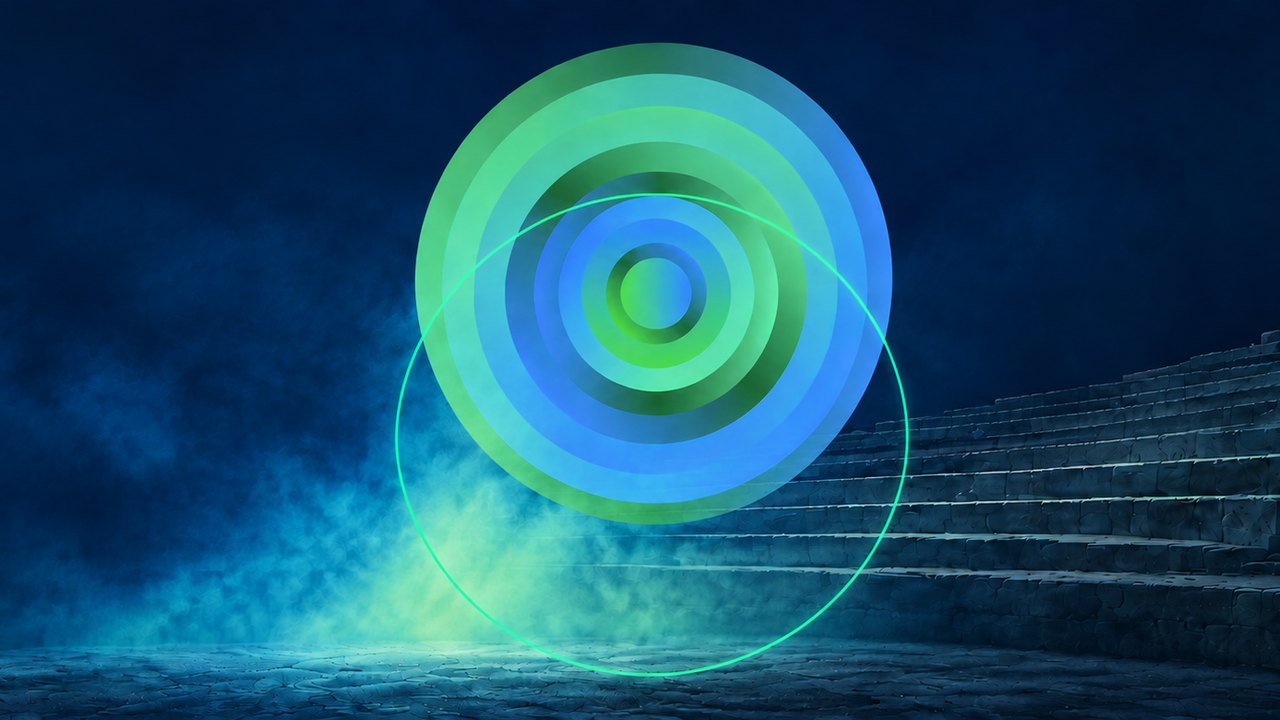 BOP 2027 Past Forward poster: green and blue concentric circles over the Amphitheatre of the Pompeii excavations