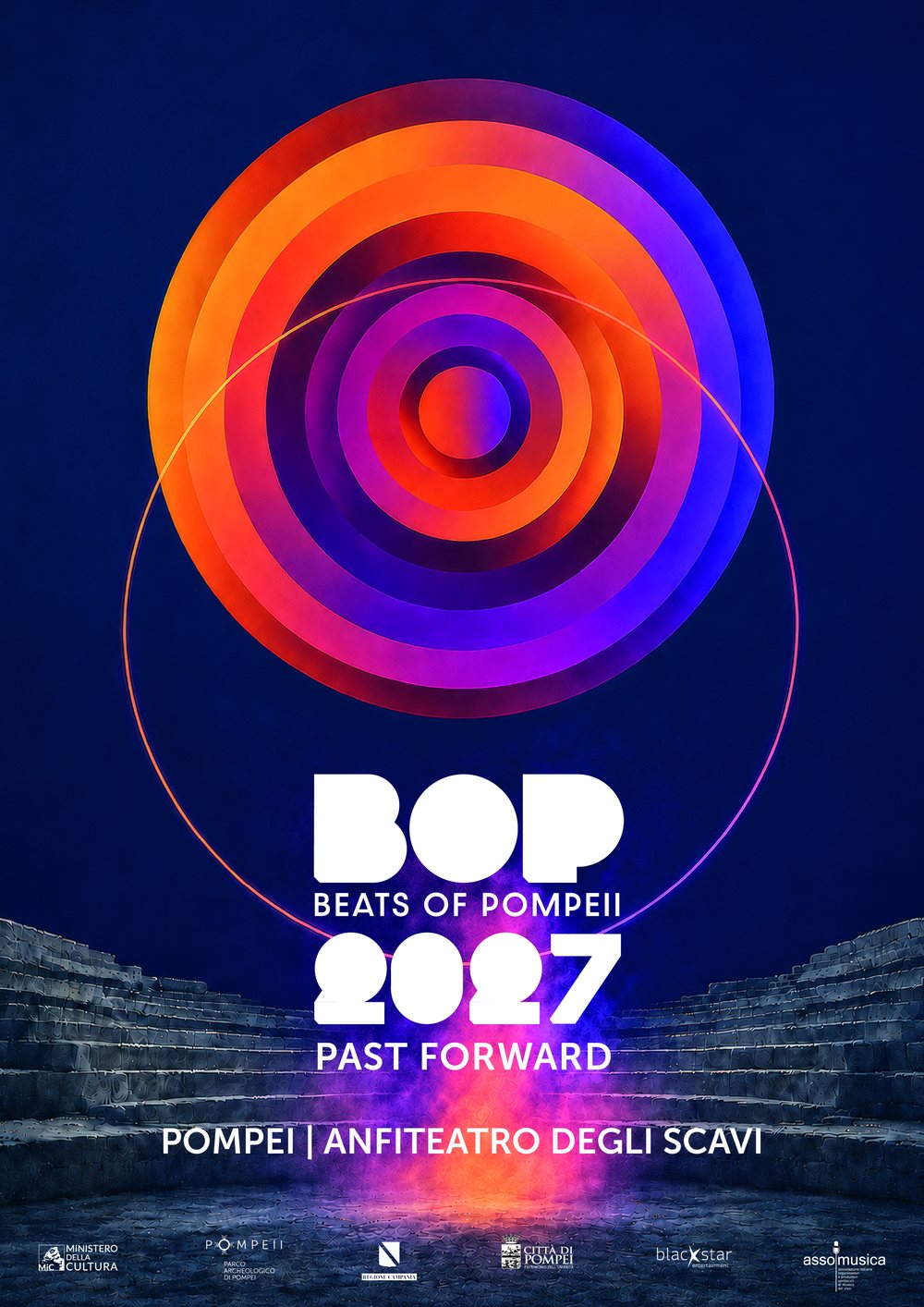 BOP 2027 poster in the warm version, with orange and violet concentric circles