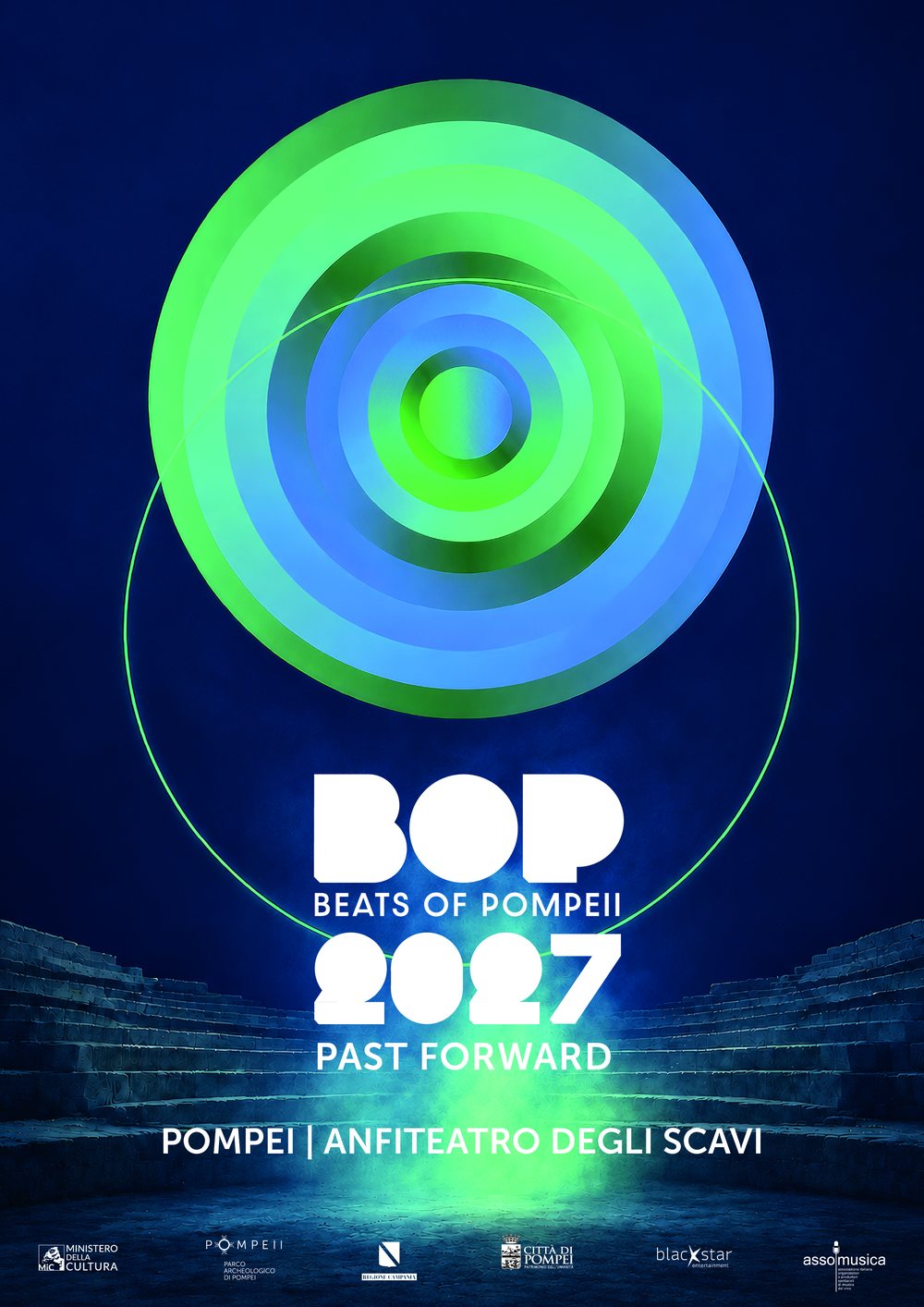 BOP 2027 Past Forward poster with green and blue concentric circles over the Amphitheatre of the excavations