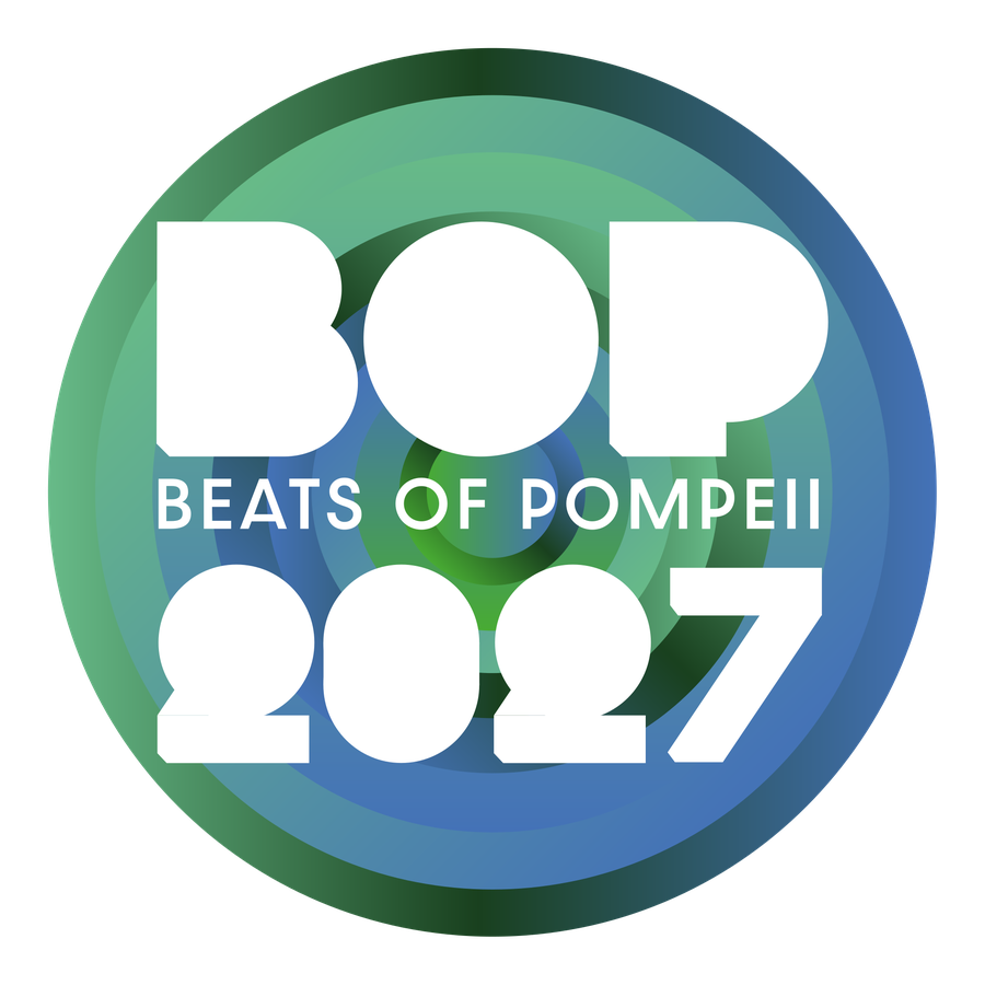 BOP 2027 — Beats of Pompeii logo: the white wordmark inside the green and blue concentric circles