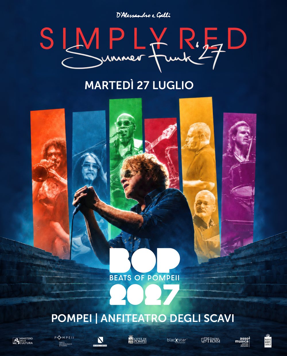 Poster for the Simply Red concert in Pompeii, with the band on colour bands
