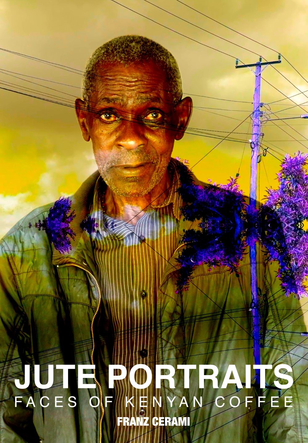 Copertina del catalogo Jute Portraits: ritratto di un lavoratore del caffè keniota con sovrapposizioni cromatiche
