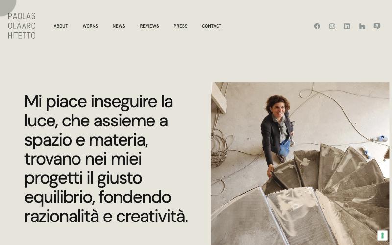 Homepage of Paola Sola Architetto's website: minimal greige aesthetic, authorial text and architecture photography