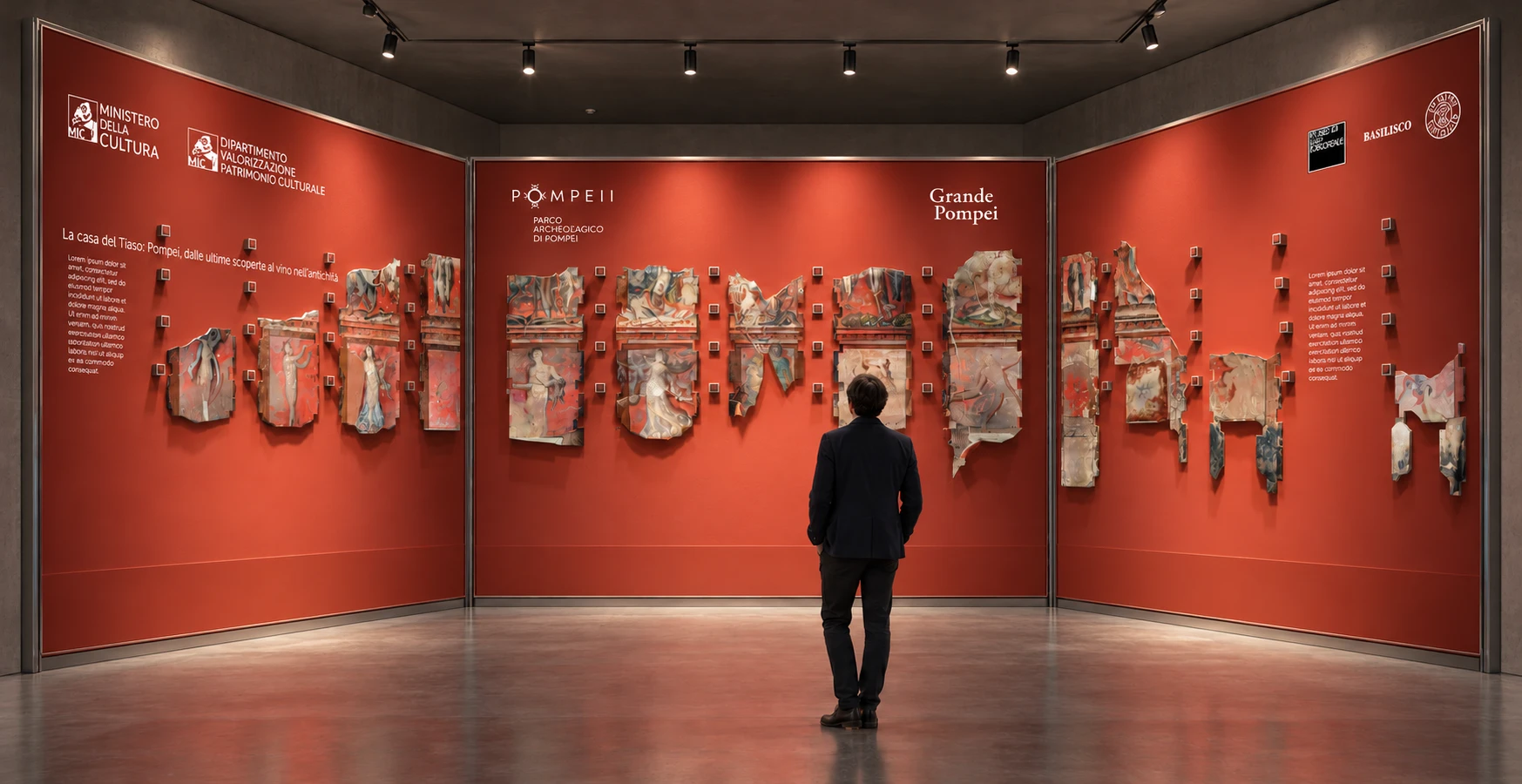 Exhibition design for La casa del Tiaso: fresco fragments compose the word POMPEII on a Pompeian-red wall, Pompeii Archaeological Park