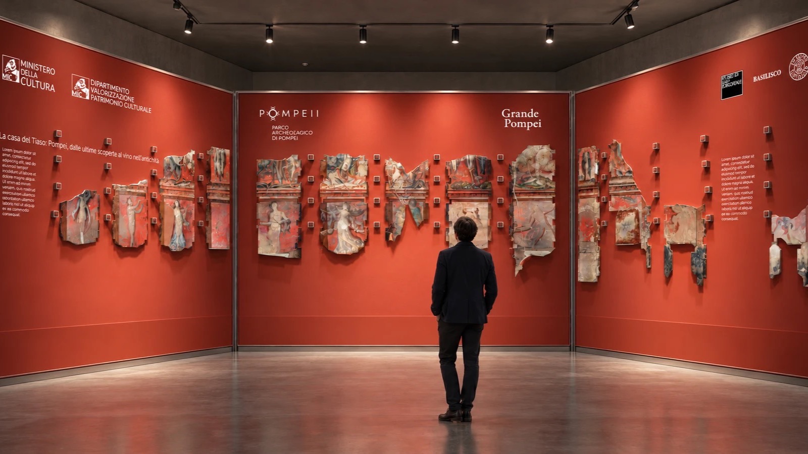 Exhibition design for La casa del Tiaso: fresco fragments compose the word POMPEII on a Pompeian-red wall