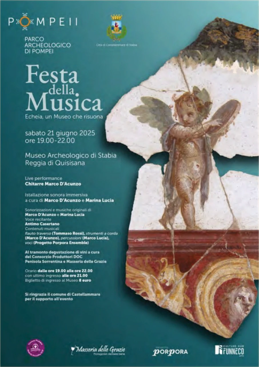 Locandina Festa della Musica — Echeia, un Museo che risuona, Museo Archeologico di Stabia, giugno 2025.