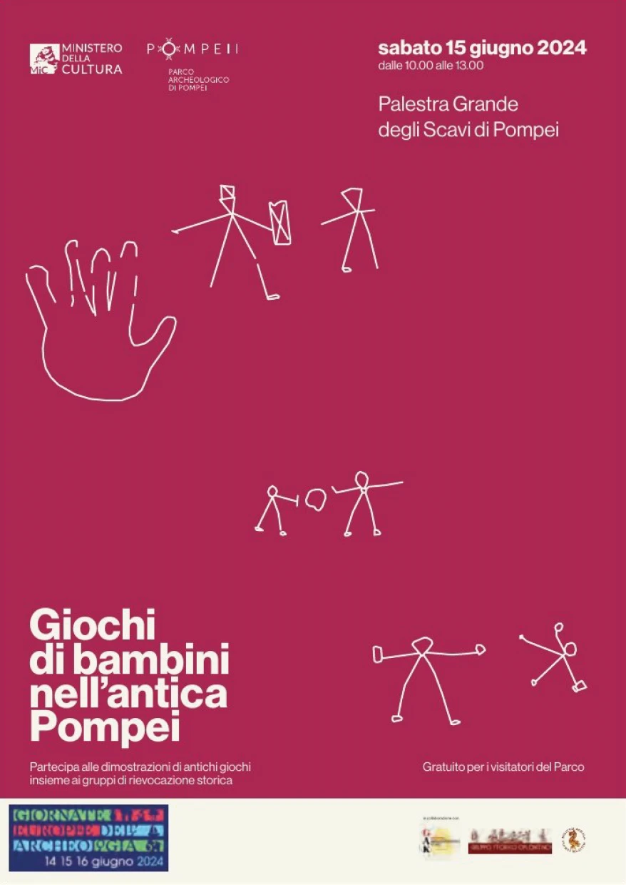 Locandina Giochi di bambini nell'antica Pompei, Palestra Grande degli Scavi, giugno 2024.