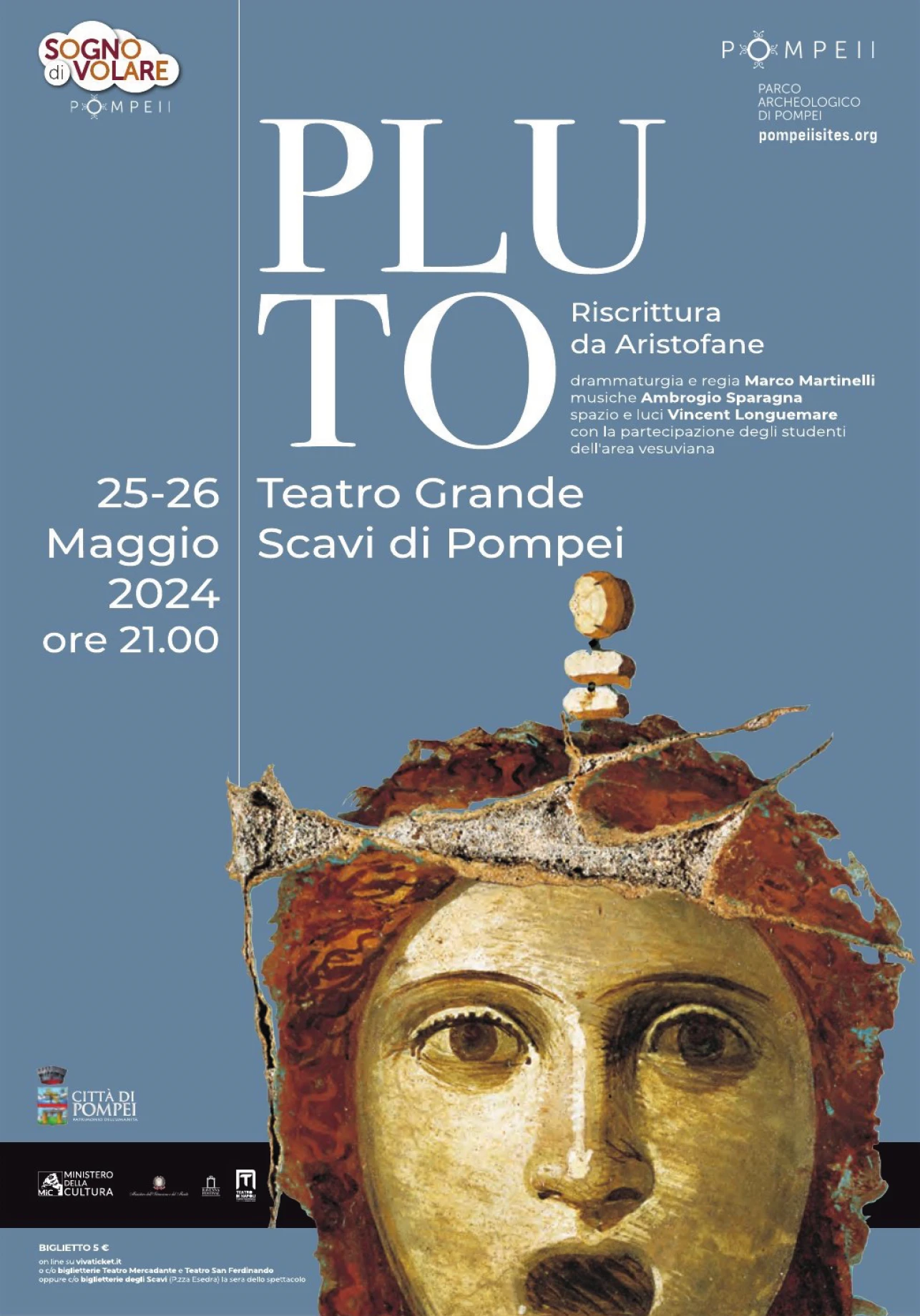 Manifesto dello spettacolo Pluto, riscrittura da Aristofane, Teatro Grande Scavi di Pompei, maggio 2024.