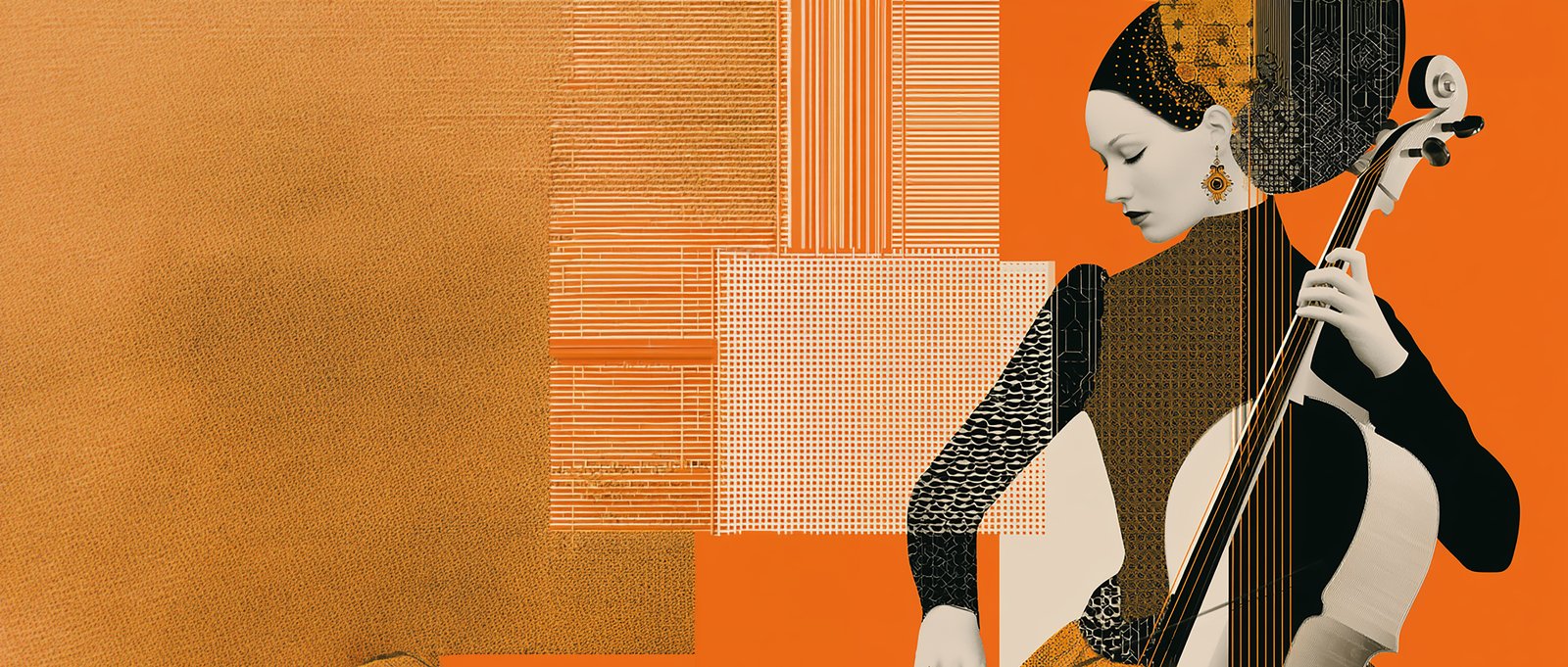 Illustration for the Scarlatti 26·27 season: the cellist on the right, orange halftones and geometries on the left