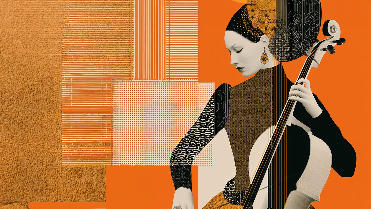 Illustration for the Scarlatti 26·27 season: the cellist among orange halftones and geometries