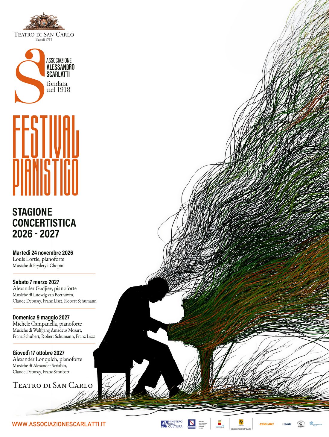 Manifesto del Festival Pianistico: pianista in silhouette e tracciato di linee su fondo bianco