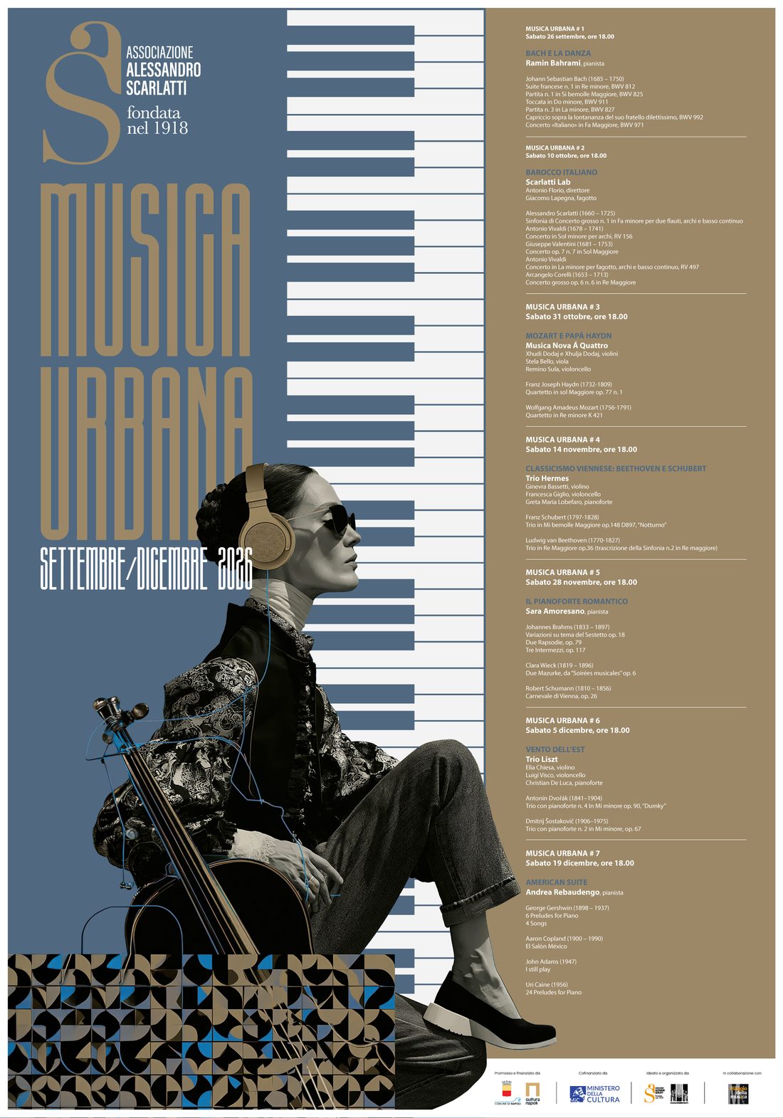 Manifesto di Musica Urbana: violoncellista con cuffie su fondo blu polvere e tastiera verticale