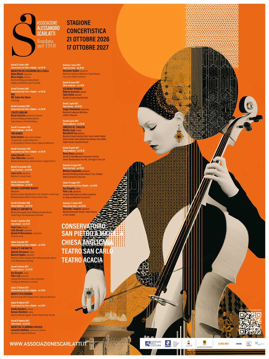 Manifesto della Stagione Concertistica 2026-2027: violoncellista su fondo arancio e cartellone completo