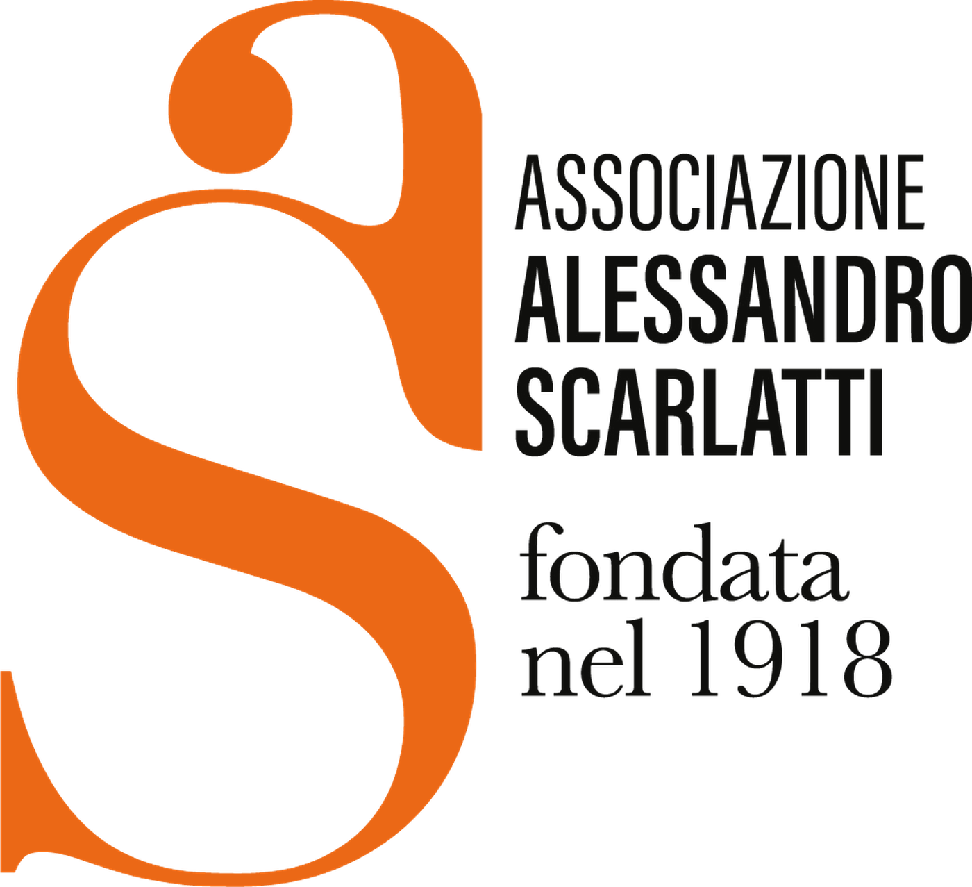 Marchio dell'Associazione Alessandro Scarlatti: la S calligrafica arancio con le diciture «Associazione Alessandro Scarlatti» e «fondata nel 1918» in nero