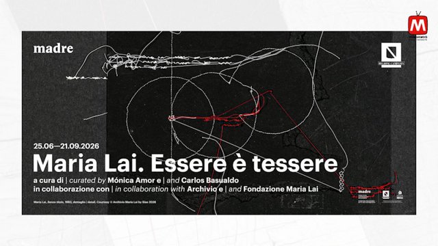Title card of the film «Maria Lai. Essere è tessere»: a thread work on a black ground