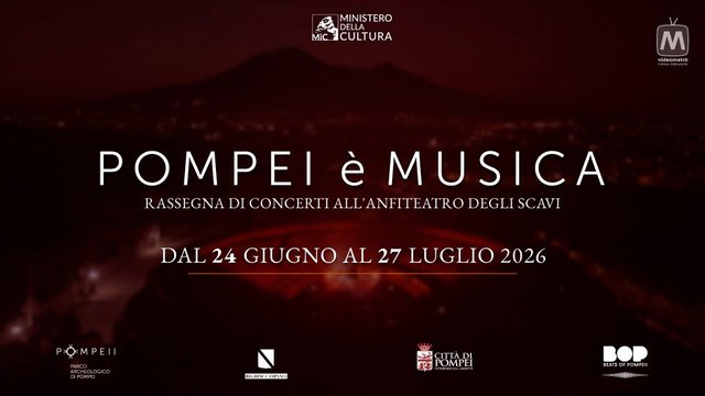 Title card of the film «Pompei è Musica 2026»: Vesuvius at sunset in night red