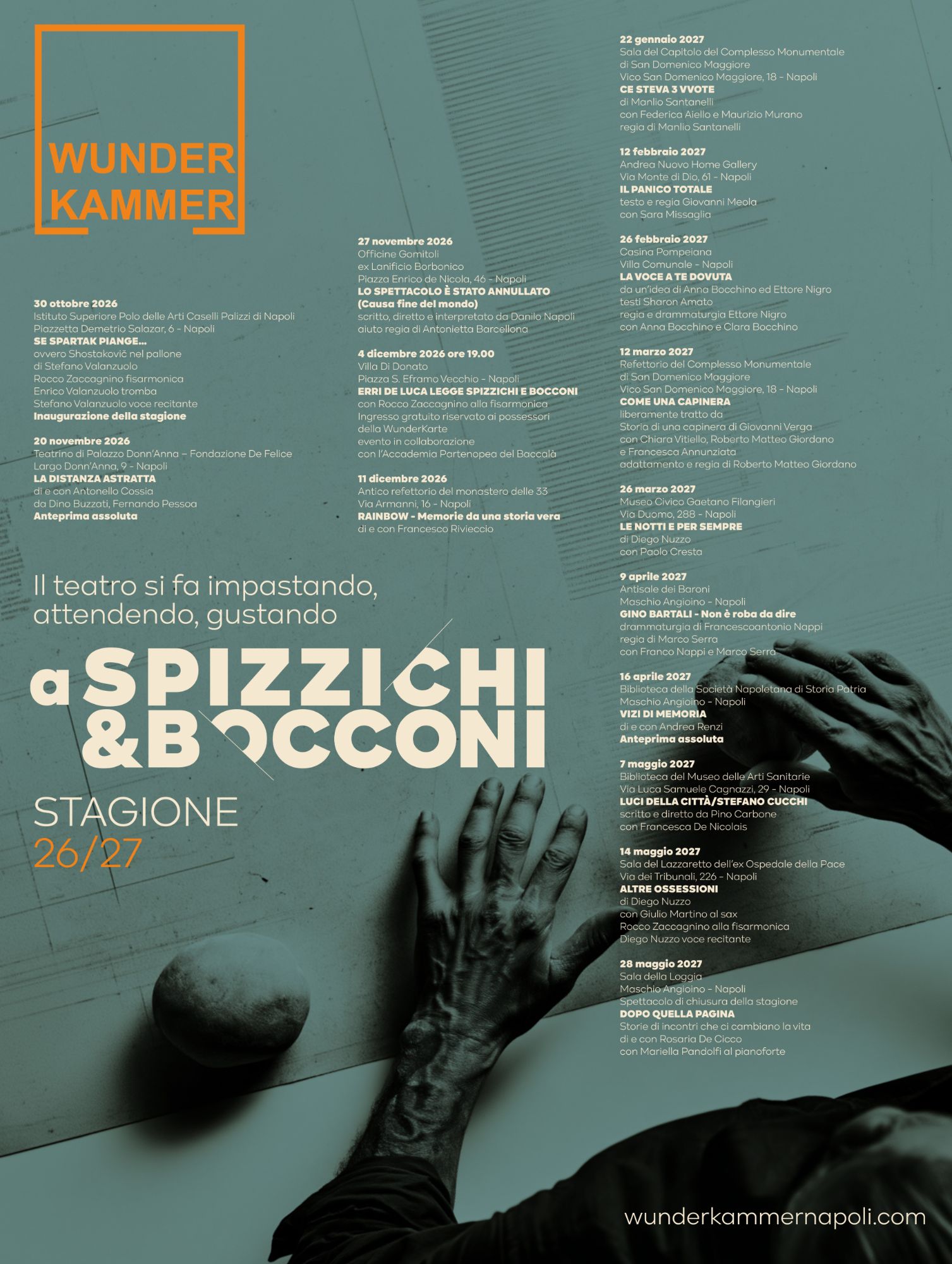 Impaginato del programma completo della stagione Wunderkammer 26/27, con tutte le date, i luoghi e gli spettacoli